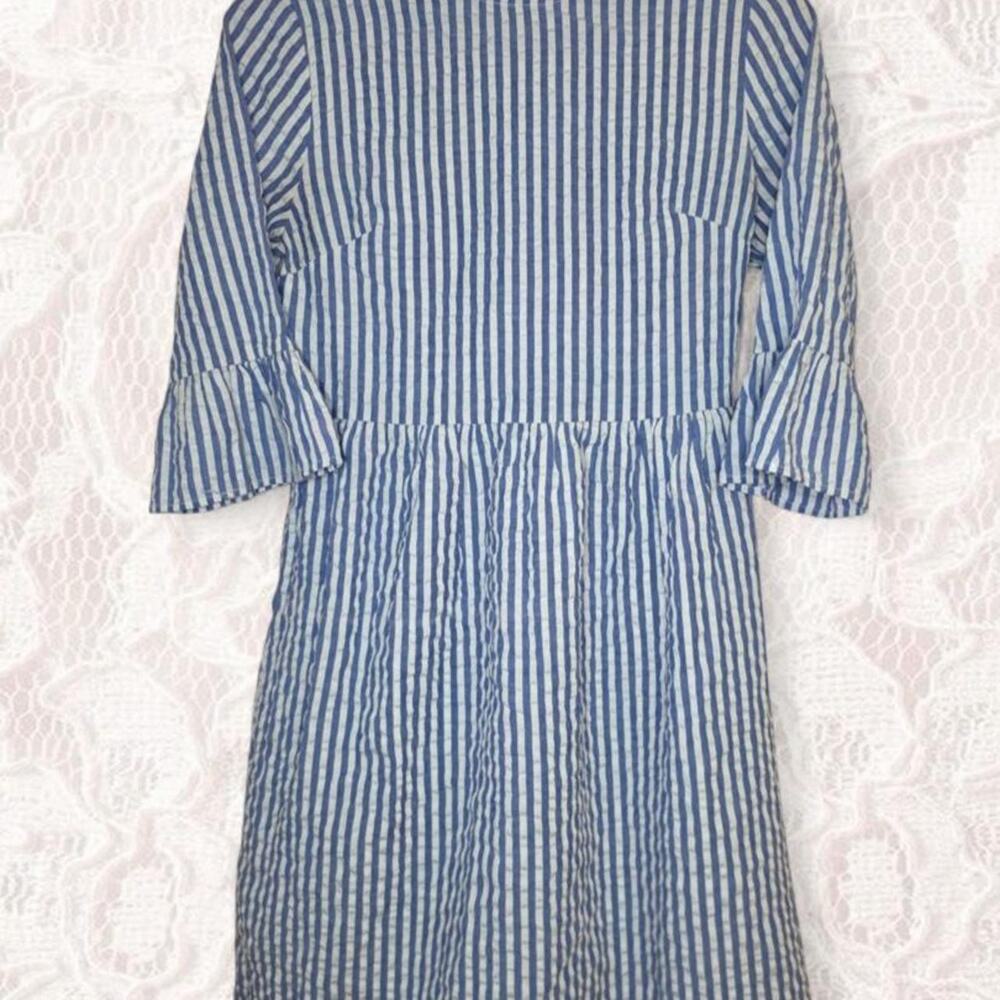 Ces Femme Blue White Seersucker Stripe Midi Dress Flutter Sleeve Small
